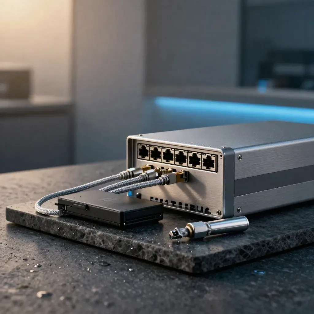 Firewall, cavi ethernet, moduli SFP e backup drive su pietra scura, luce soffusa