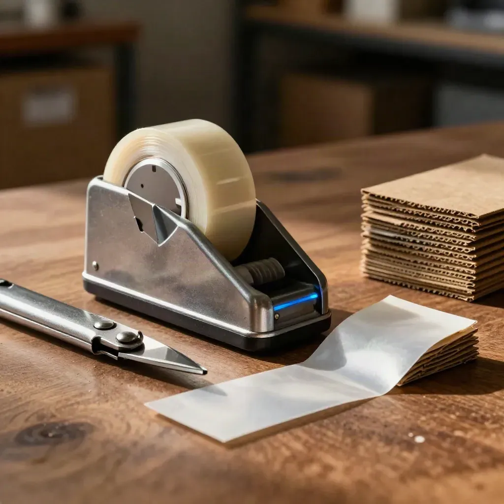 Strumenti da imballaggio e cartoni piegati su banco in legno, luce calda e sfondo scuro.